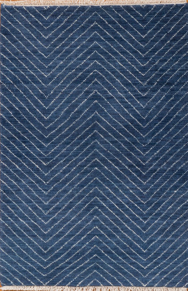 Hand knotted wool blue chevron rug